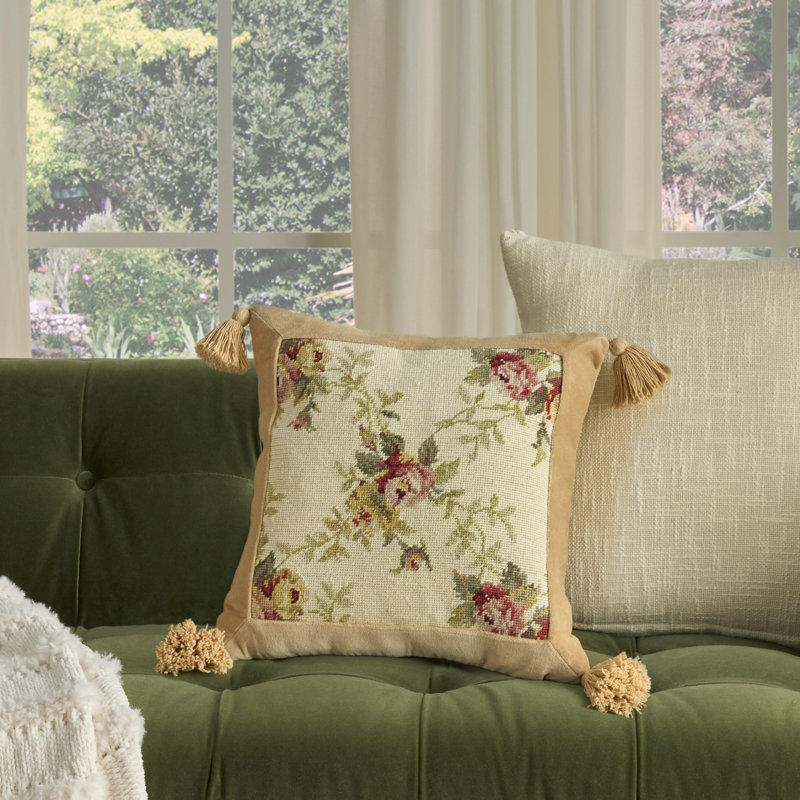 Mina Victory Vintage Pillow Floral Center Indoor Throw Pillow, Cream, Square 19", Rose