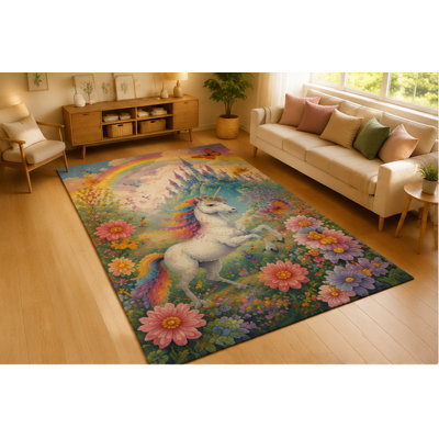 Tapis « ultra-léger » 152 x 213 cm, motif licorne et prairie fleurie, idéal pour le salon. Doux et à poils courts, il est doté d'un envers antidérapant en silicone et d'un dos en silicone antidérapant. Ce tapis magique à motif de cheval est parfait pour la chambre, la chambre d'enfant ou la salle de jeux. Multicolore.