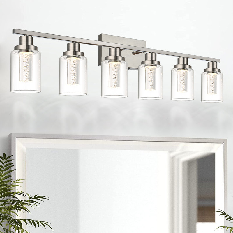 6-Light Black Bathroom Light Fixtures, Built-In LED Bulbs Included, Dimmable Vanity Light With Clear Glass Shade, Crystal LED Bathroom Lights Over Mirror For Bedroom, Living Room, Hallway, Farmhouse. Integrated LED Bulbs Included.