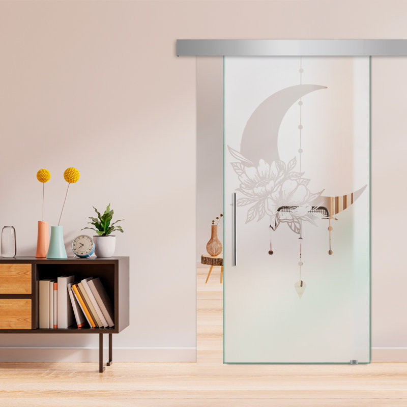 Porte de grange coulissante en verre sans cadre avec design moderne sablé et quincaillerie (semi-privée), 28 po x 84 po