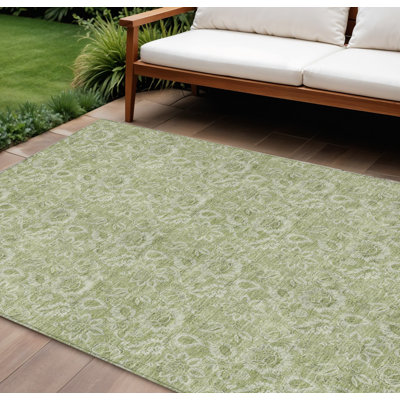8' X 10' Green Blue And Ivory Floral Washable Indoor Outdoor Area Rug