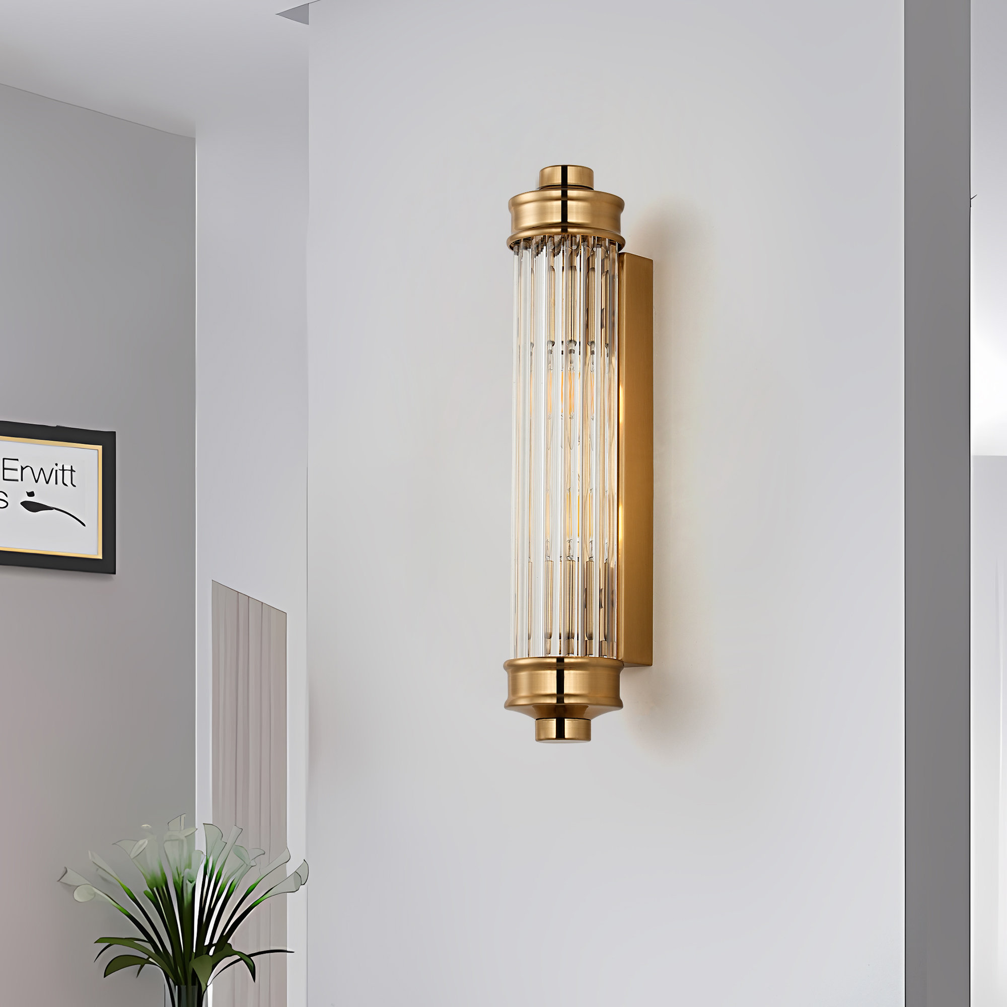 Nordic Ribbed Glass Wall Sconce with Brass Finish - Mercer41, image size:2000x2000