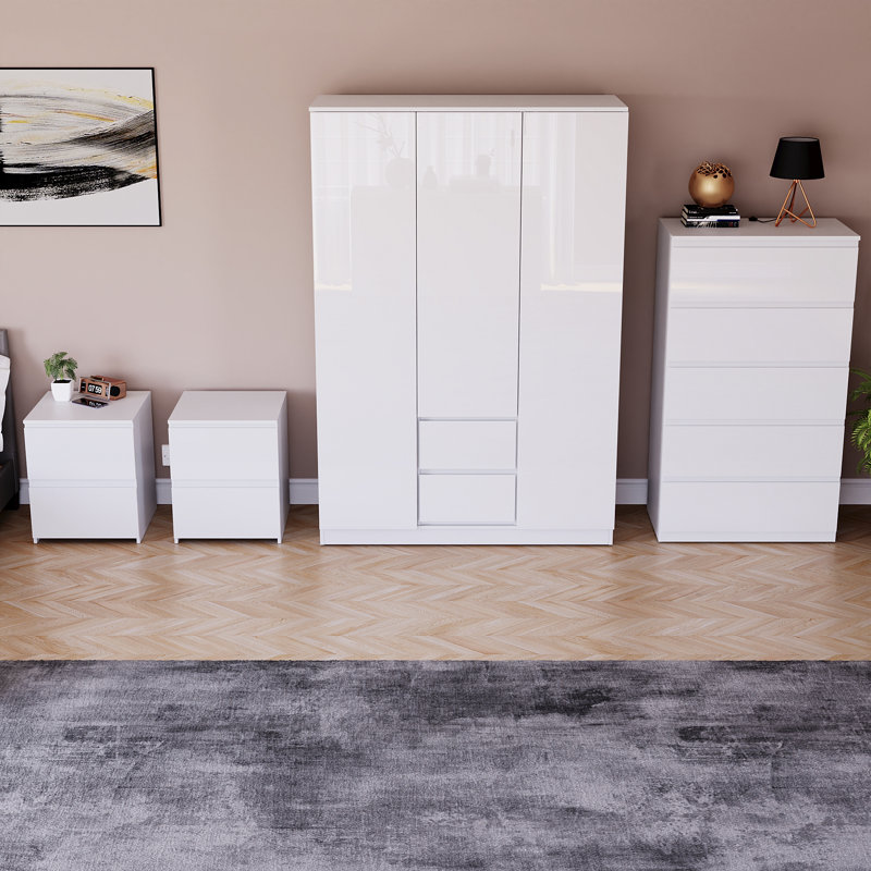 Taniesha 4 Piece Bedroom Set (2 Drawer Bedside Chest X2, 5 Drawer Chest, 3 Door 2 Drawer Wardrobe), (100% FSC), White