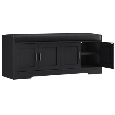 Black Shoe Bench with Cushion & 4-Door Hidden Storage, Modern Entryway Storage Bench with Sturdy Wood Frame, Black