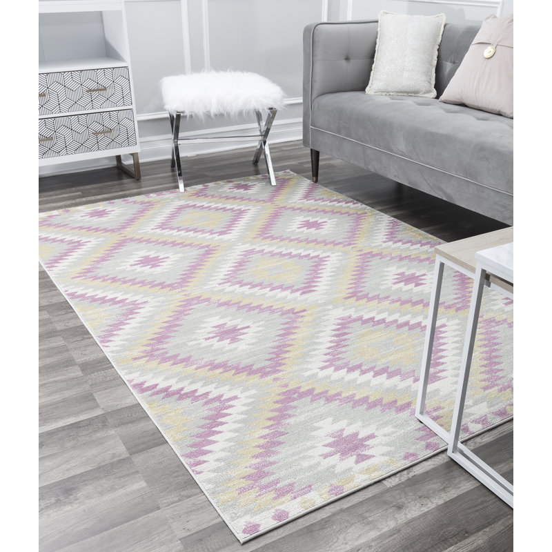 Mecca Bodrum Tribal BubbleGum Area Rug, Rectangle 8'9" x 12', Yellow/Pink/Ivory/Gray