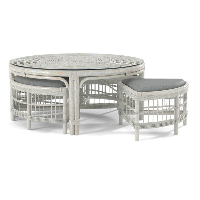 Raffles Rattan Cocktail Table with Benches, Bisque, Light Blue Performance Fabric; 0851-55