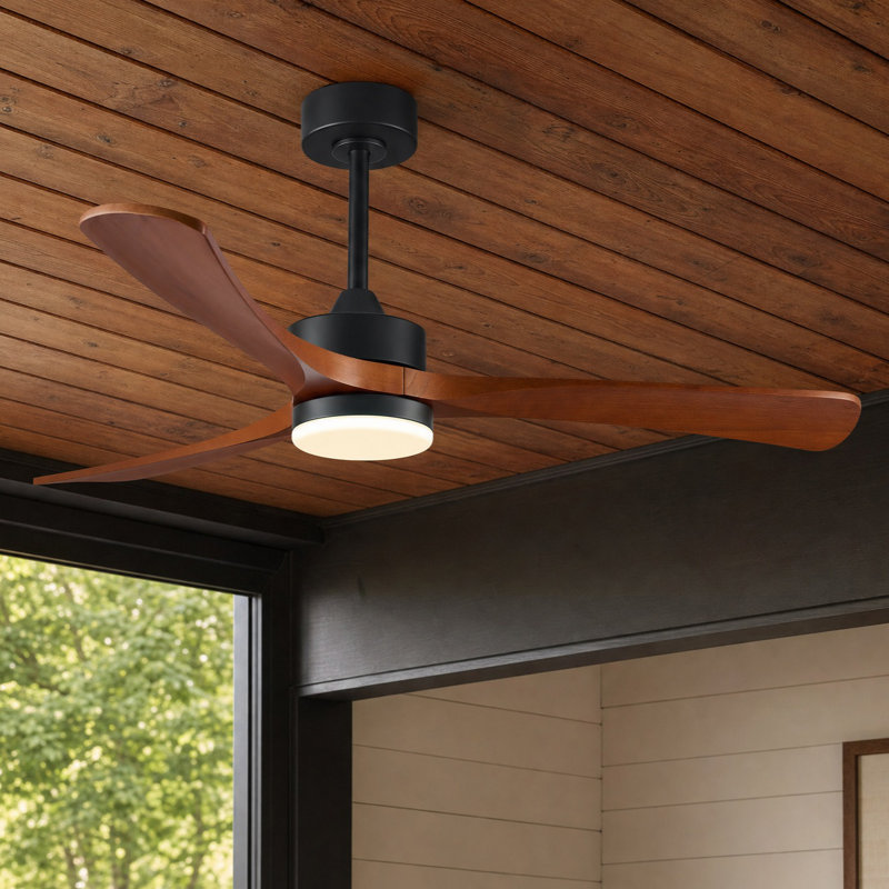 52" Modern Farmhouse Dimmable Ceiling Fan with LED Lights and Remote Control, Matte Black with Dark Brown Wood Blade