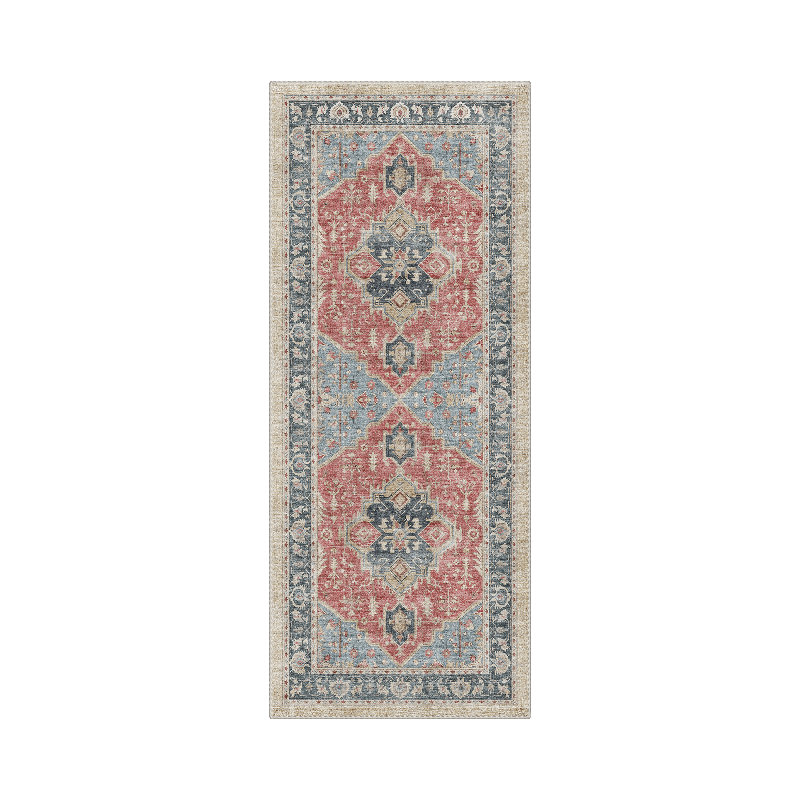 Marrakesh Vintage Floral Machine Washable Blue / Red Indoor Area Rug with Non-Slip Backing, Runner 2' x 6'