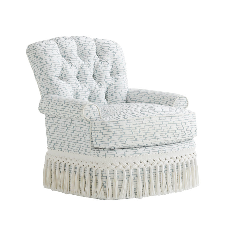 White Tufted Swivel Chair with Tassel Skirt