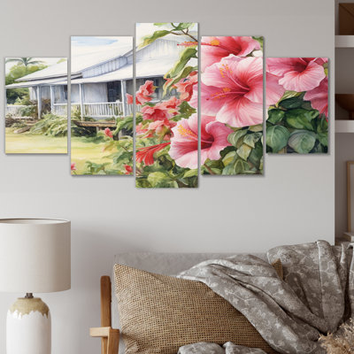 Pink Green Hibiscus Tropical Harmony Flowers I - Floral Metal Wall Decor Set