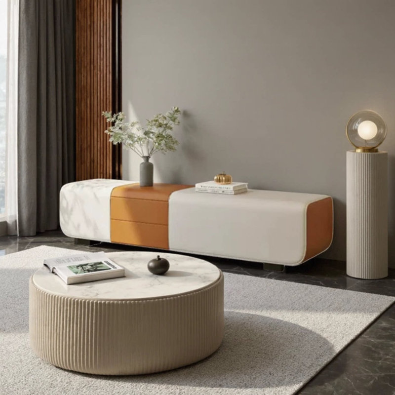 Banc de rangement rectangulaire en bois massif à deux tons pour chambre à coucher et salon Minimalist, Beige/Orange