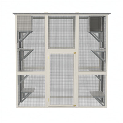 Gray Wooden Outdoor Catio Cat Enclosure with Weatherproof Roof, 6 Platforms, 2 Napping Boxes, and Spacious Play Area