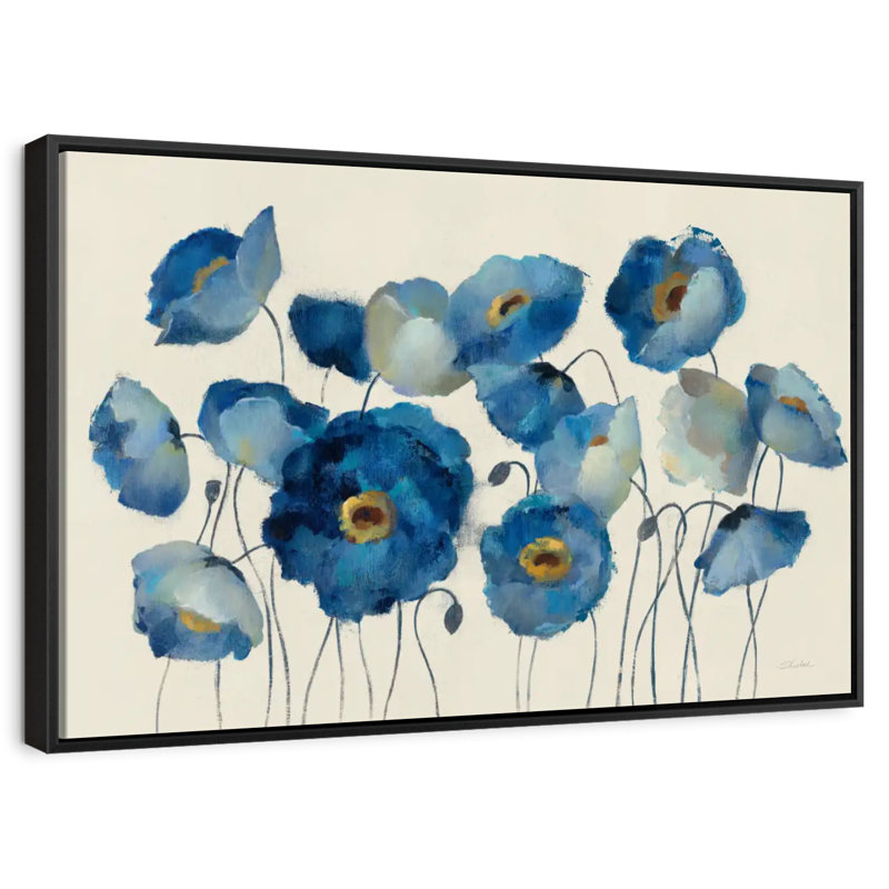 Aigue-marine floral sur crème, 19 po x 13 po, Cadre flottant noir