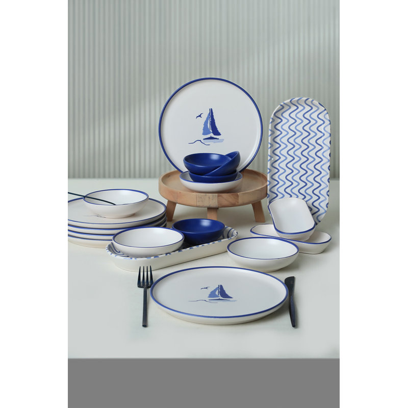 18-Piece Ceramic Breakfast Set, Blue & White | Antibacterial, Easy-Clean, Thermal Shock Resistant | Includes 6 Cake Plates (8.7 in), 2 Platters (10.2 in & 6.3 in), 4 Bowls (5.1 in & 3.9 in) | Dishwasher & Microwave Safe