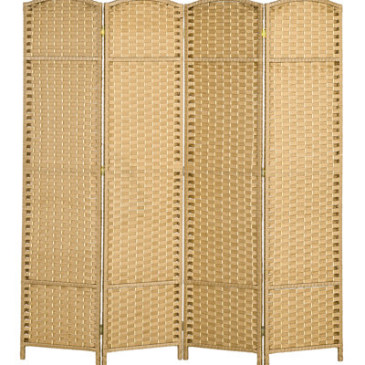 Paravent 4 panneaux, 5,6 pi de hauteur pour la maison. Motif tissé à la main avec saveur de bois naturel. Cloison polyvalente. Structure et sangles en polypropylène. Léger et pliable. Aucun assemblage requis