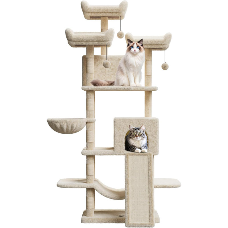 Très haute tour d'arbre à chat 68 po pour grands chats de plus de 20 lb, condo à plusieurs niveaux avec poteaux à griffer en sisal, perchoirs moelleux, hamacs, paniers, jouets suspendus et plateformes