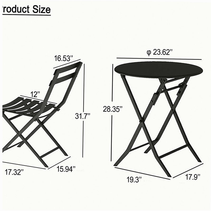 3 Piece Patio Bistro Set of Foldable Round Table and Chairs, Red, Red