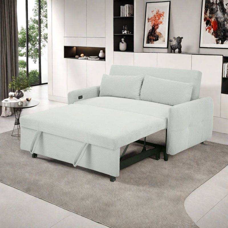 Pull-out Sofa Bed With Two Throw Pillows, Usb Ports, 3 Levels Adjustable Backrest