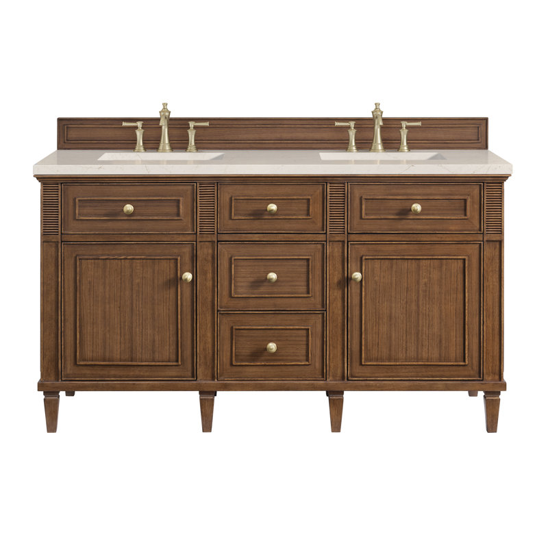 Lorelai 60'' W Double Vanity, Mid-Century Walnut, Carrara White, 8" Widespread
