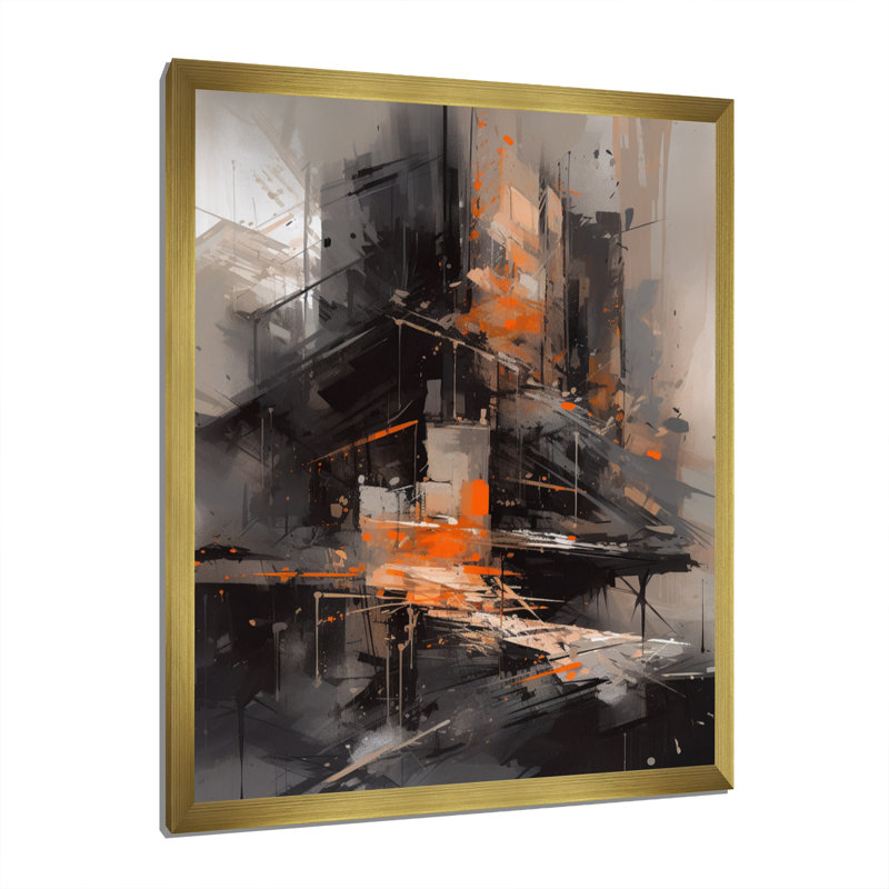 Tapisserie architecturale noire et orange, reproduction sur toile, H 20 po x l 12 po x P 1 po, Encadrement doré