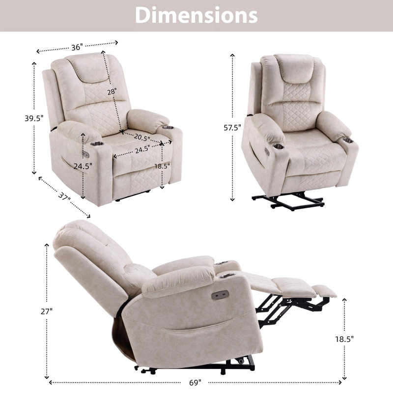 Oversized Power Lift Recliner Chair Printed Velvet Massage Chair With Cup Holders,And Usb And Type-C Ports, Creamy White