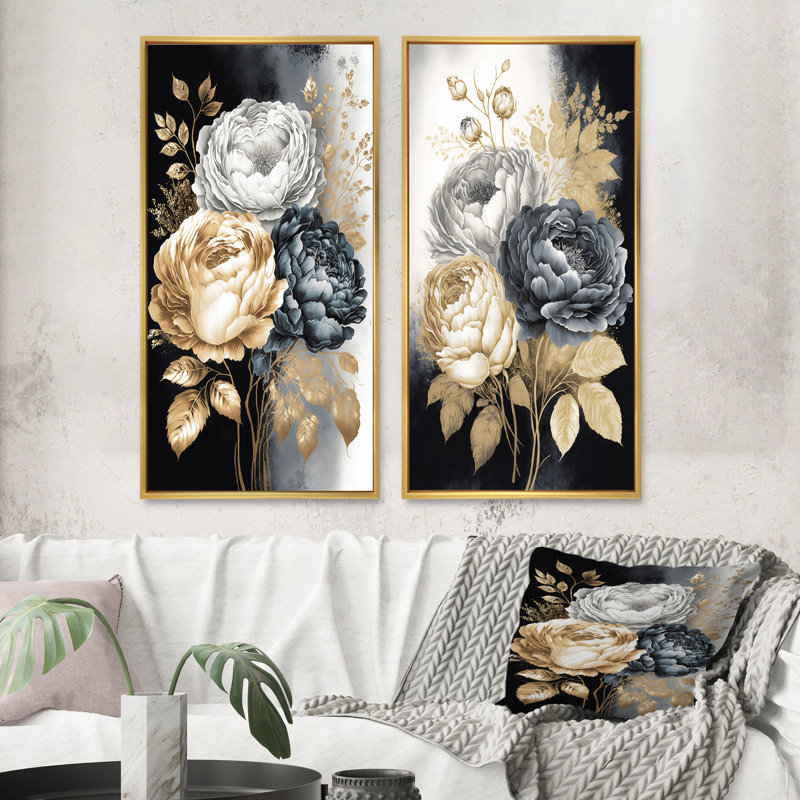 «Bouquet de roses blanches, dorées et noires», 2 pièces sur toile, Encadrement doré, H 32 po x l 32 po