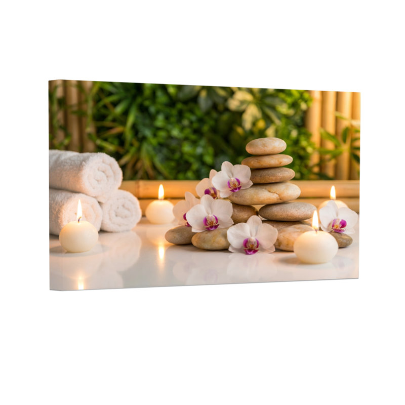 Mode Spa Pierres Bougies Serviettes Fleurs Sur Fond Bambou Sérénité, H 32 po x l 48 po