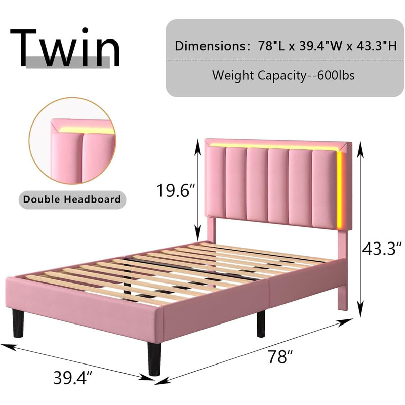 Lit plateforme Breella, Lit simple, Rose