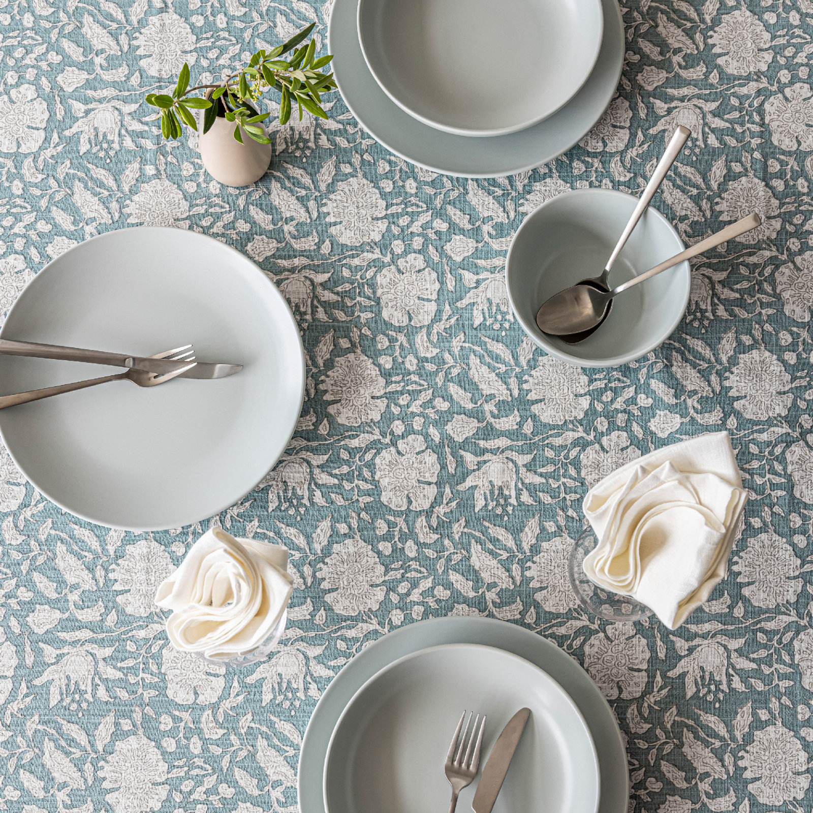 Hand-Blocked Tablecloth, 70" W x 108" L, Blue Floral