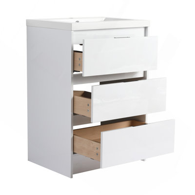 24" Freestanding Bathroom Cabinet with Resin Sink, 3-Soft Close Drawers Glossy White
