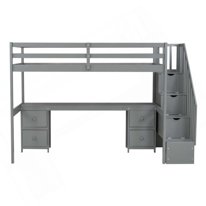 Structure de lit mezzanine avec bureau intégré et tiroirs de rangement doubles, Gris