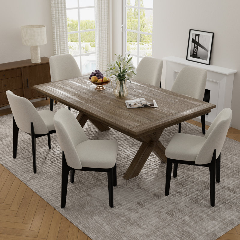 Bason 19.5" H Polyester Upholstered Dining Chair With Black Solid Wood Legs（Set Of 6）, 6, Khaki