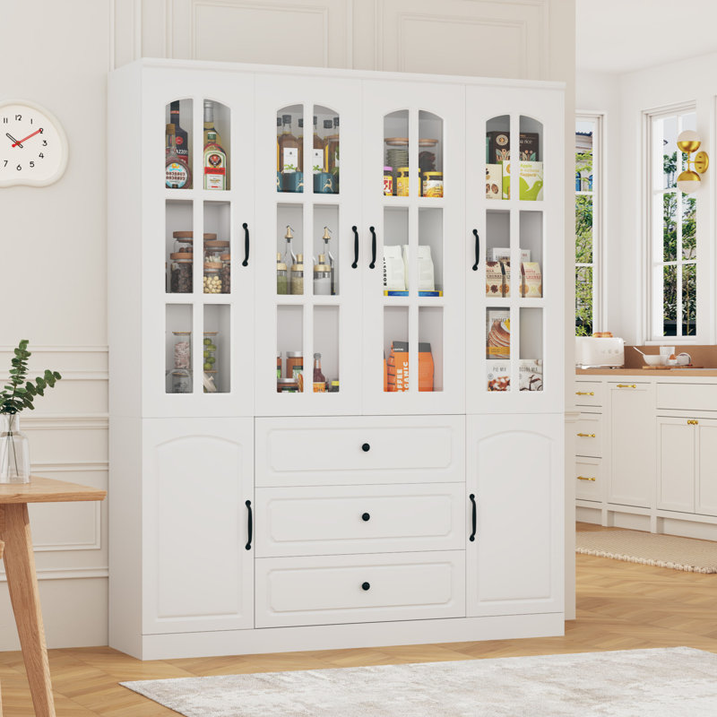 Armoire de rangement pour garde-manger de 79 po avec portes en verre et 3 tiroirs, grandes étagères de rangement, bibliothèque et armoires garde-manger modernes pour la cuisine, la salle à manger et le salon