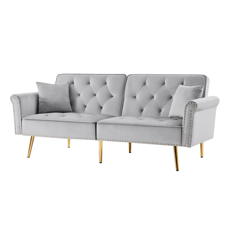 Canapé-lit simple à dossier capitonné en velours de 76,7 po de largeur, H 32,2 po x l 76,7 po x P 33 po, Gris clair