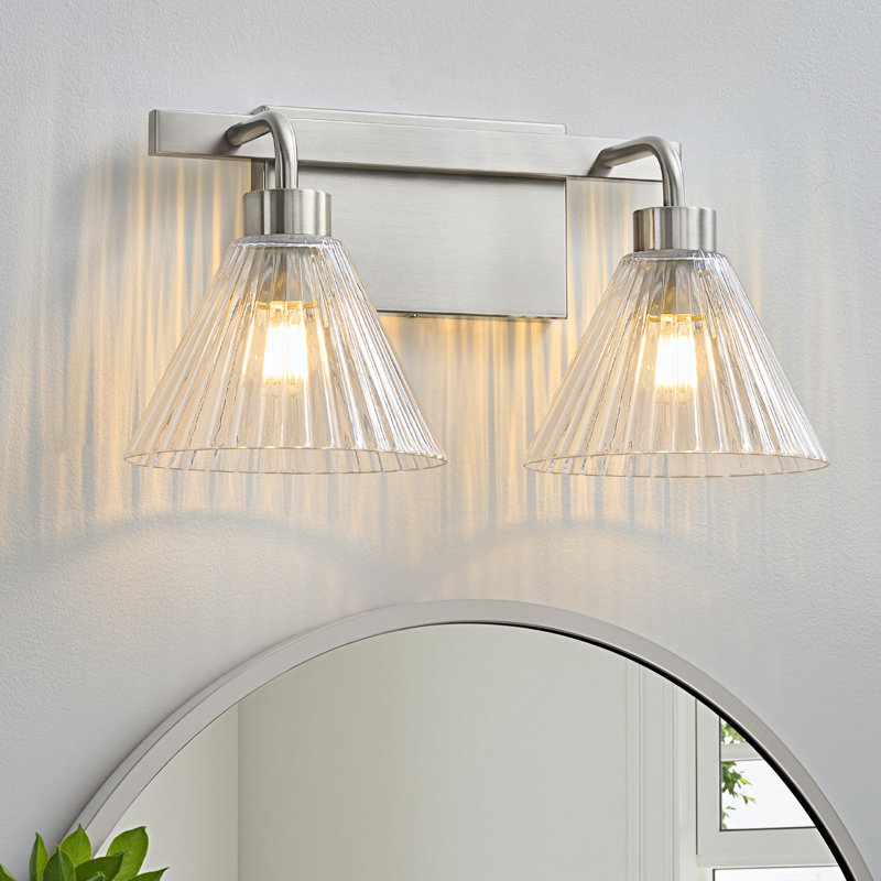 Applique murale de salle de bain à 2 lumières avec variateur et abat-jour en verre transparent côtelé, Nickel, 2 lumières