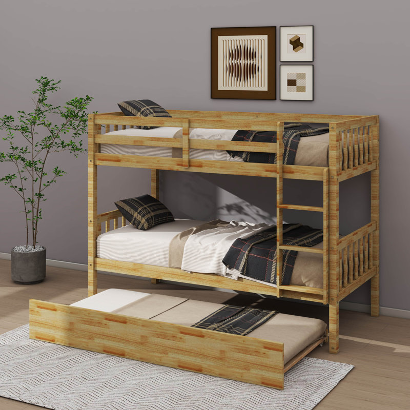 Lit superposé en bois d'hévéa avec lit gigogne escamotable, convertible en deux lits indépendants, Naturel