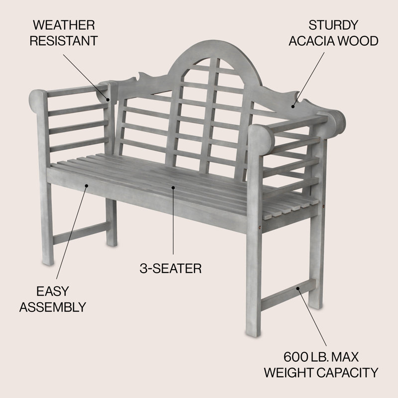 Banc d'extérieur en bois d'acacia de 51 po de style classique avec accoudoirs et dossier à lattes arqué pour 2 personnes pour patio, porche et jardin Lutyens