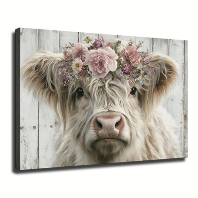 Highland cow wearing a flower wreath Canvas Wall Art Framed Ready to Hang Living Room Bedroom Home Decor