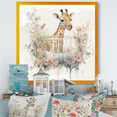 Giraffe In Crib With Flowers - Giraffe Canvas Wall Art