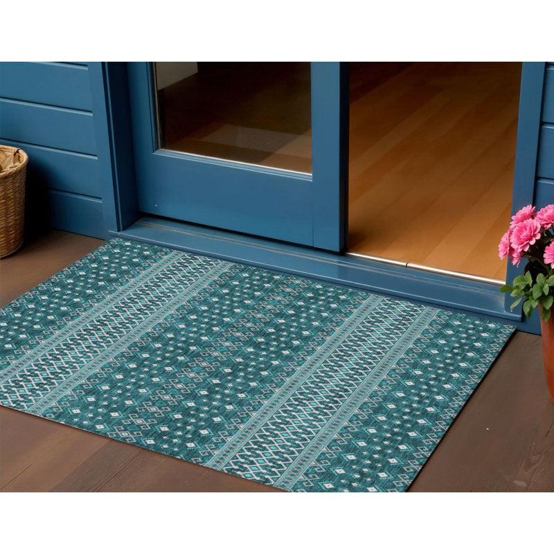 Tapis intérieur / extérieur 3 pi x 5 pi bleu turquoise et ivoire tribal lavable