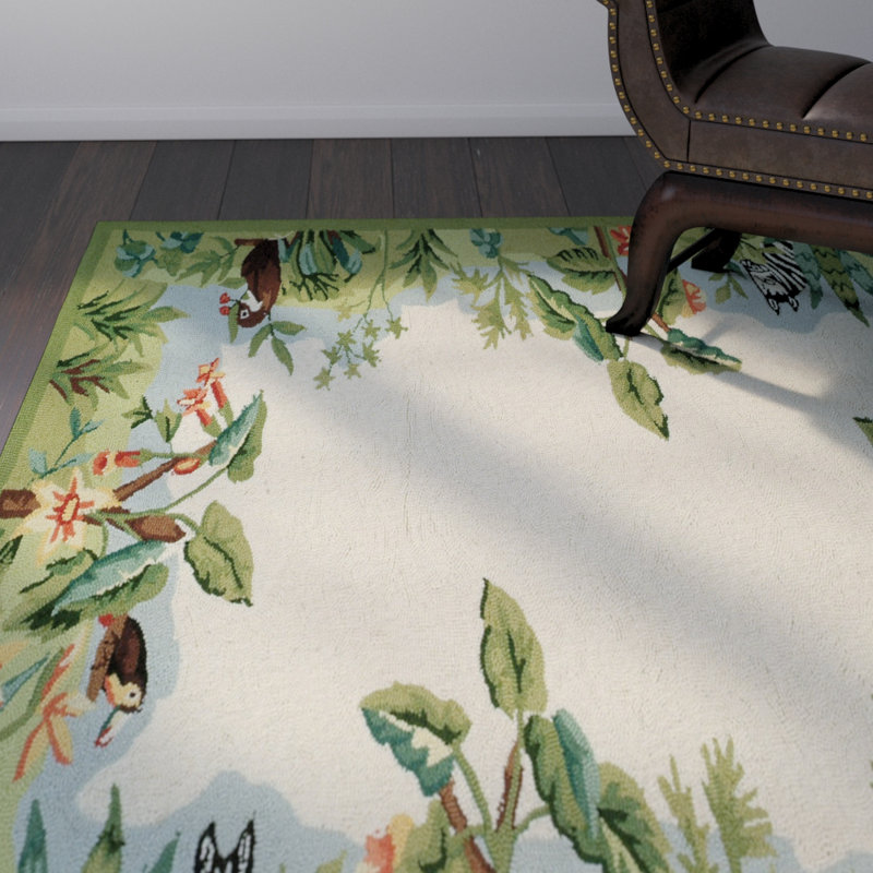 Tapis vert en laine bouclée fabriqué à la main Hogle, Rectangle 1 pi 8 po x 2 pi 6 po