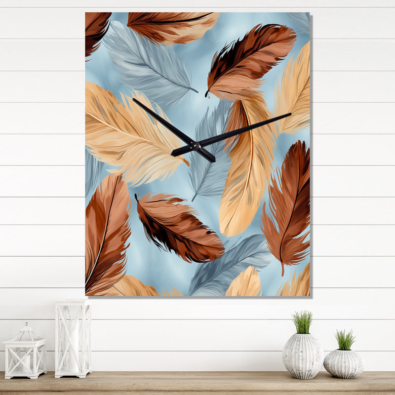 Retro Boho Feathers In Blue And Orange II - Feathers Very Large Wall Clocks, Petit