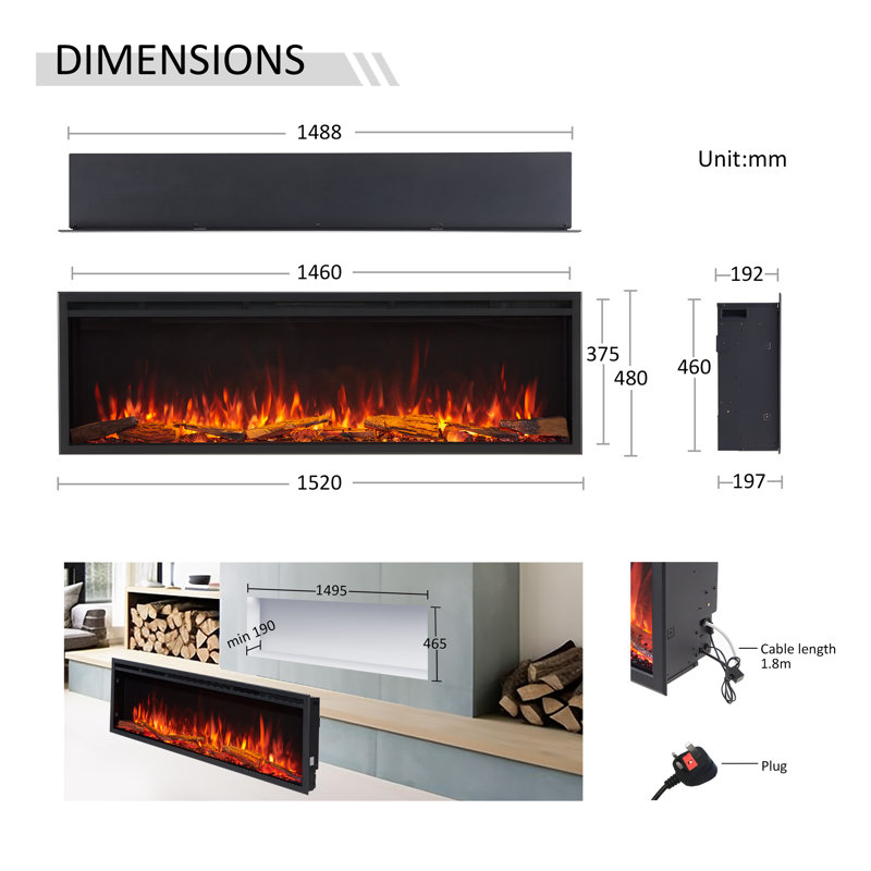 CASTELLO FLAMME Stainless Steel Electric Fireplace Insert, 48cm H x 152cm W x 19.7cm D