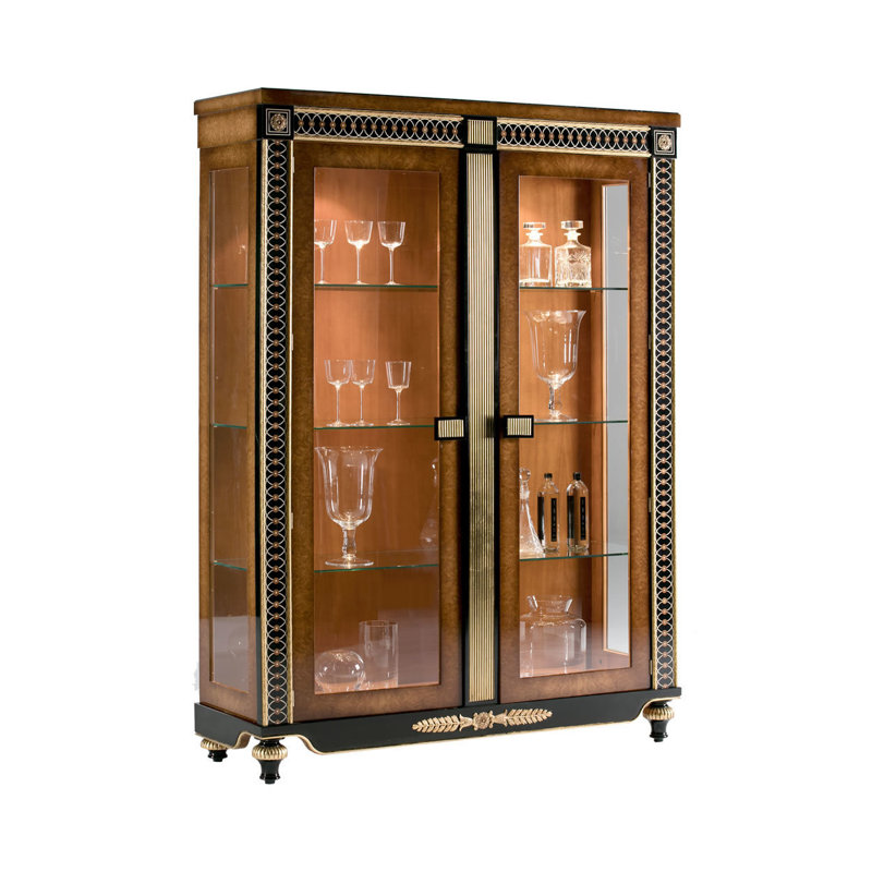 Spanish Oak Burl China Cabinet with Bronze & Sycamore Inlays