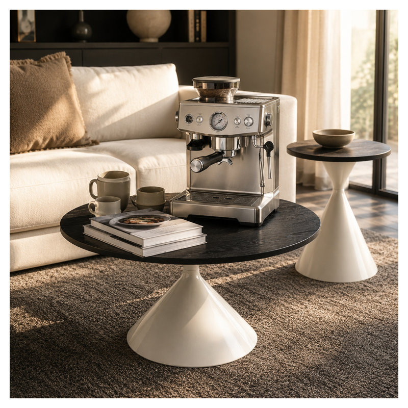 Ensemble de 2 tables basses rondes avec dessus en noyer et bases en forme de sablier blanc, 17.13" H x 29.53" W x 29.53" D