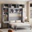 Grand lit escamotable mural avec bureau, armoire supérieure et tablettes de rangement, lit pliant peu encombrant