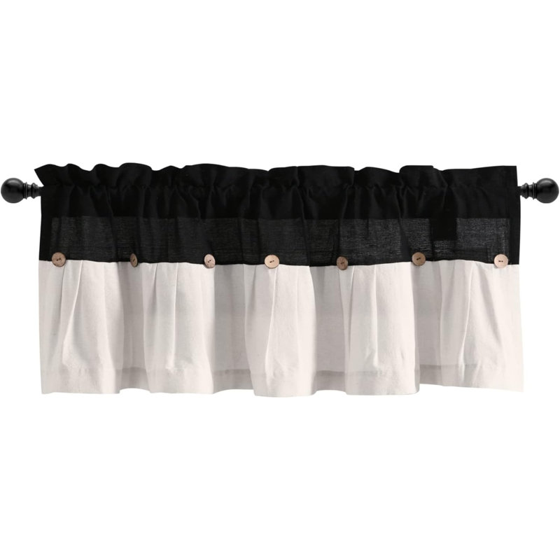Linen Button Farmhouse Valance, 52" W X 18" L, & - Rustic Kitchen Valance For Windows - Pleated Color Block Design With Coconut Husk Button Detail - Kitchen Curtains Valance