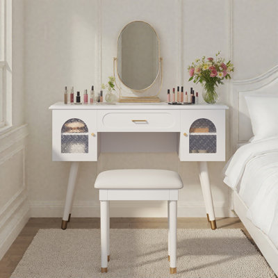 Modern Dressing Table with Organizer,Elegant Vanity Makeup Desk and Chair Set with Charging Port