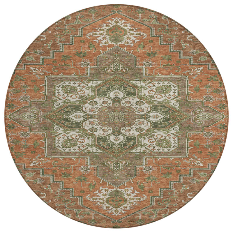 Tapis d'intérieur rond lavable oriental vert et brun 8 pi HomeRoots