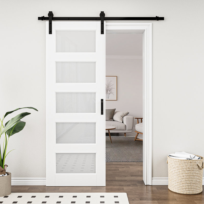 Porte coulissante de style grange, 5 carreaux, 80 po H, panneaux de verre et de bois, apprêt blanc, avec trousse de quincaillerie d'installation (aucun assemblage requis), fermeture amortie